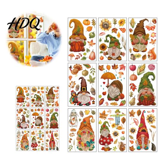 Office Glass Partition Decorations 9Pcs Fall Gnome Static Window Clings Thanksgiving Maple Leaf Turkey Pumpkin Autumn Decals PVC Stickers,