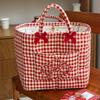 Vermilion Plaid Storage Basket with Stone Handles, Ins Style Portable Organizer for Bathroom Laundry & Sundries