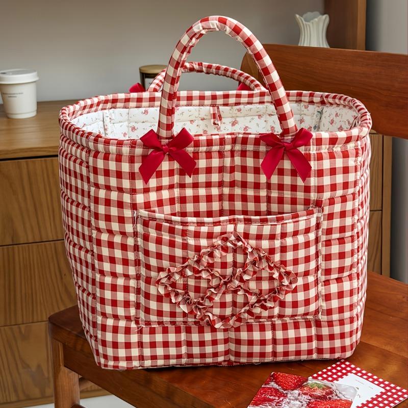 Vermilion Plaid Storage Basket with Stone Handles, Ins Style Portable Organizer for Bathroom Laundry & Sundries