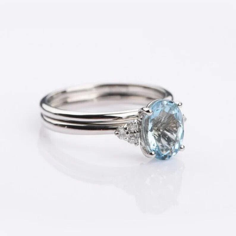 Aquamarine Gemstone Anniversary Ring 925 Sterling Silver Handmade Women Ceremony Dainty Gift