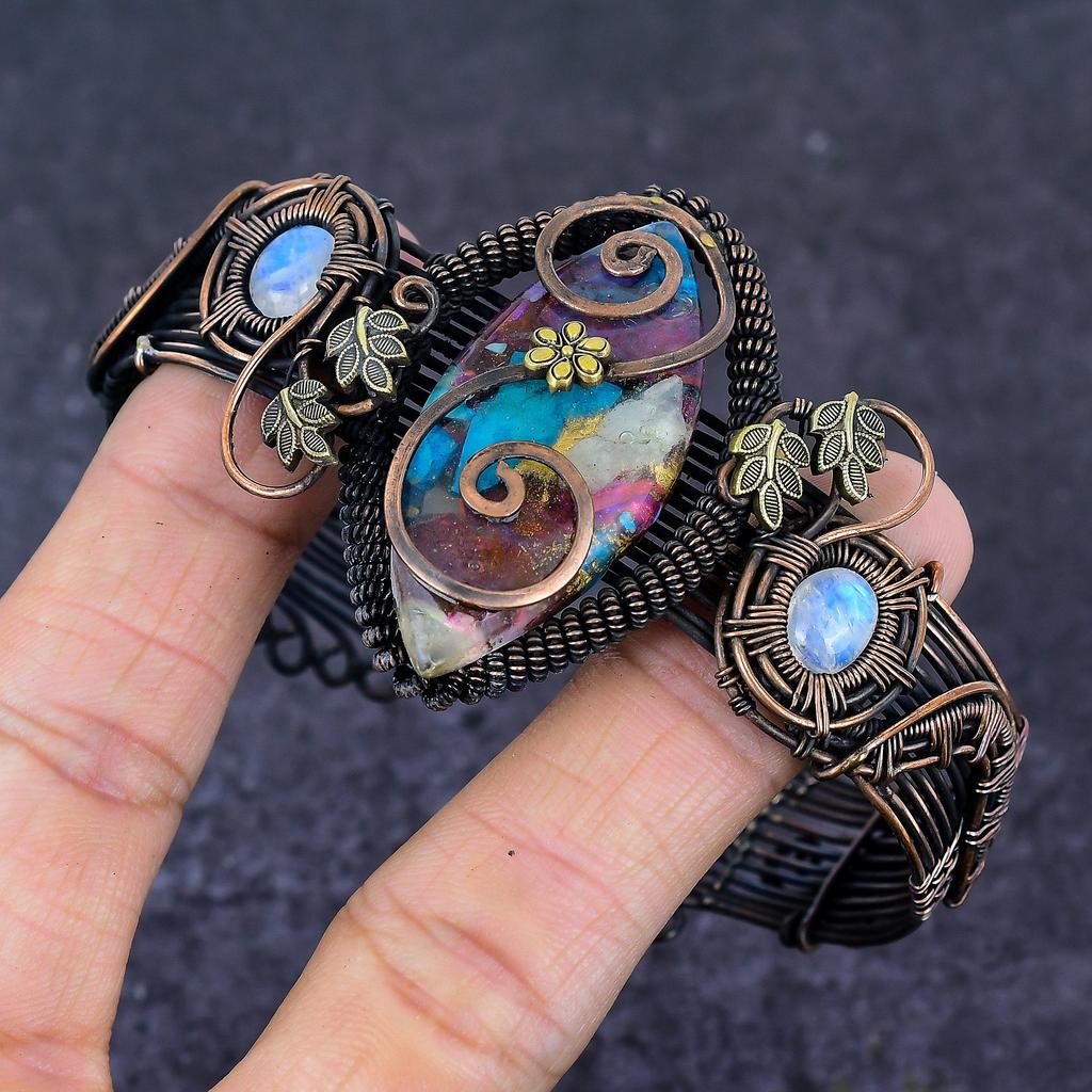 Spiny Oyster Gemstone Copper Wire Wrap Cuff Bangle Adjustable