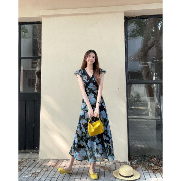 2026 Summer French Resort Style Long Floral Dress with Ruffled Sleeves and High Waist Small