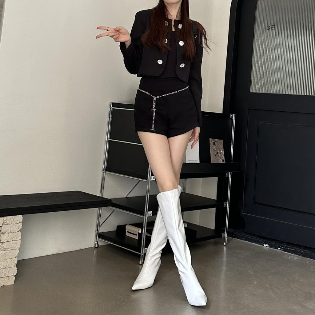 European and American Pointed-toed Piled Boots Patent Leather Boots Women's High Boots High-heeled Boots