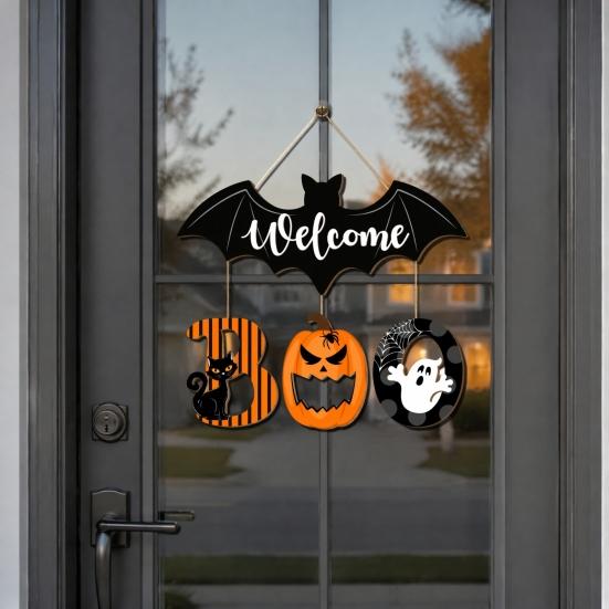 Rustic Wooden Welcome Board Halloween BOO Door Sign, Spooky Bat Hanging Ghost Pumpkin Holiday Party Wall Decoration Black Cat Hanger Ornaments