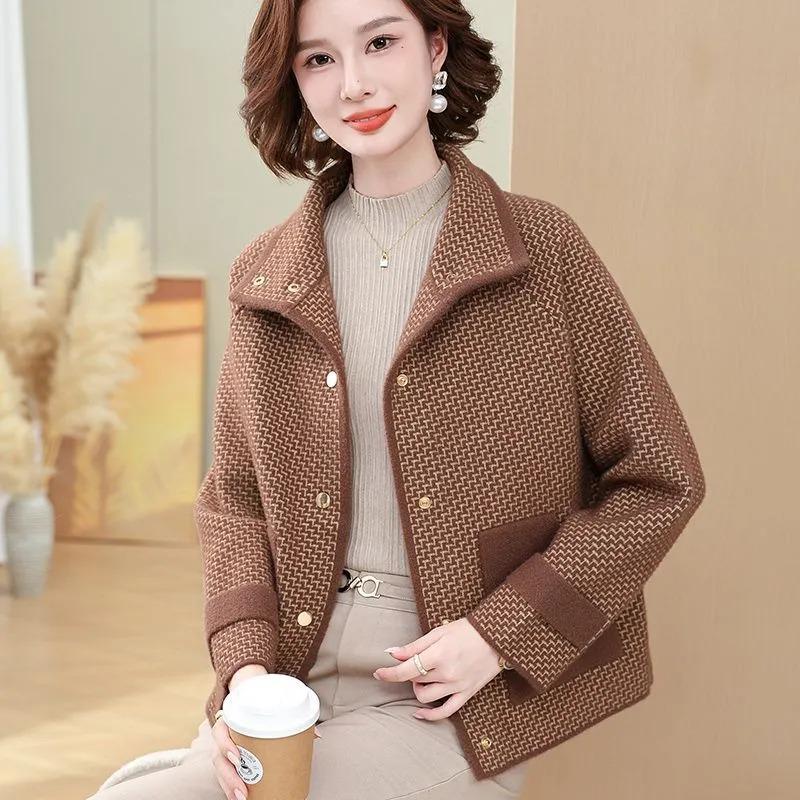 Autumn Winter Lapel Zipper Long Sleeve Solid Women's Cardigan Coat Knitted Pocket Fashion Elegant Top