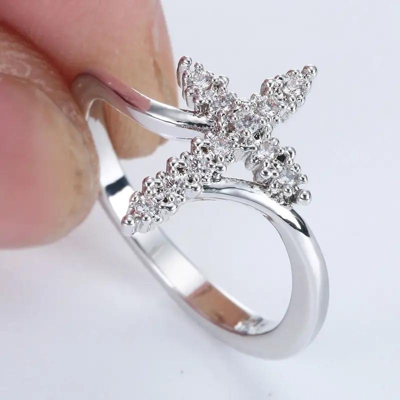 

Huitan Trendy Cross Finger Ring for Women Inlay Dazzling Cubic Zirconia Modern Female Accessories Daily Wear Fashionable Zircon 5