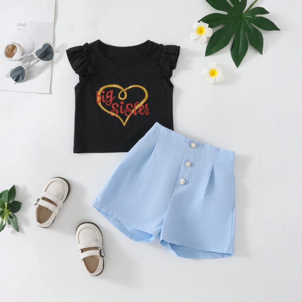 Heart Print Sleeve Tee & High Waist Slim Suit Shorts