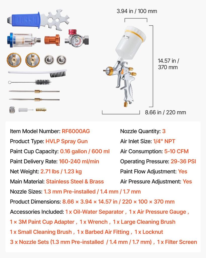 HVLP Air Spray Gun, Gravity Feed Paint Sprayer Gun with 3 Nozzles (1.3/1.4/1.7mm), 600ml Capacity Auto Paint Sprayer with Air Regulator for Automotive