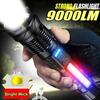 High Strong Power Led Flashlights Red/Blue Side Light Zoom Spotlights Built-in Battery USB Rechargeable Outdoor Emergency Camping Torch