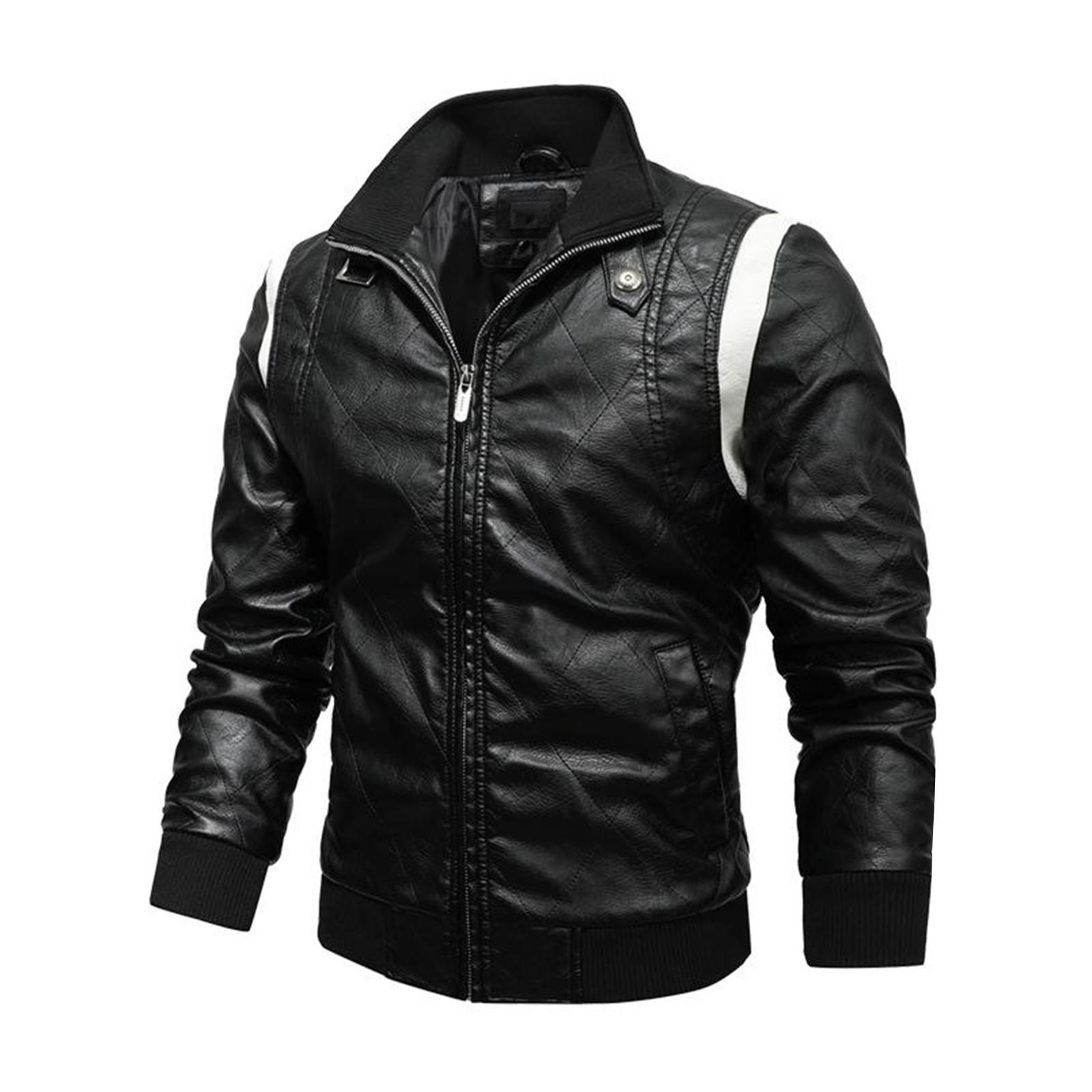 

Men s Leather Stand Collar Motorcycle Leather Jacket Fashion Embroidery Colorblock Coat L чёрный
