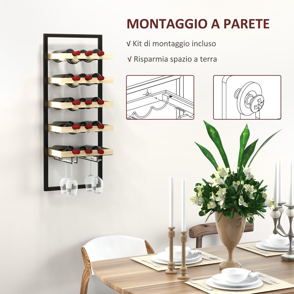 Wall-mounted Wine Rack In Wood and Steel for 15 Bottles of and 4 Glasses. 35x25x86cm