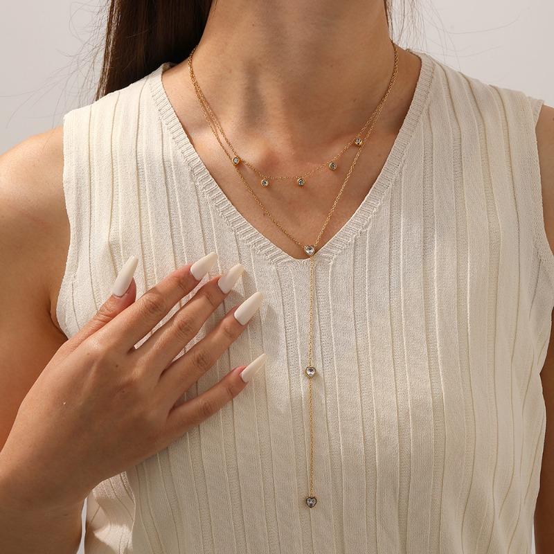 gold heart crystal layered y drop necklace for women