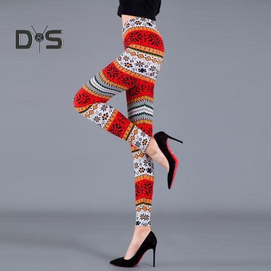 Høst Vinter Damebukser Snowflake Elgtrykk Høy midje Magekontroll Myk Elastisk Termisk Skinny Butt løftet Yogabukse Lady Leggings