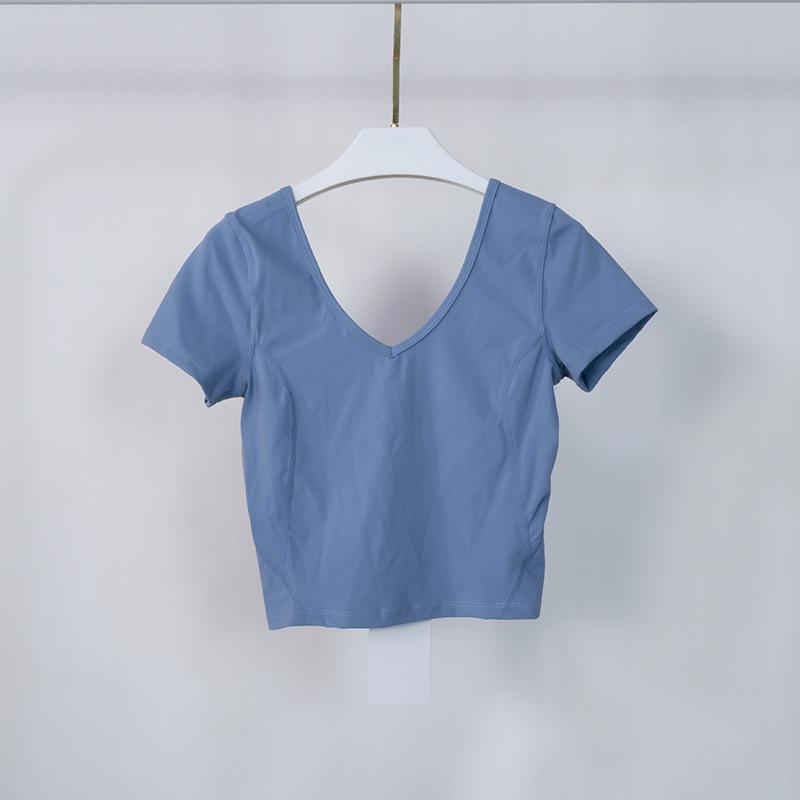 Damen V-Ausschnitt U-Rücken Nylon Yoga T-Shirt – Kurzarm, Sexy Enganliegend, Schönes Rückendesign