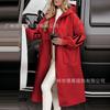 Damen Langer Kapuzen-Freizeitmantel mit Patchwork-Design Herbst Winter Lockerer Schnitt Wollmischung Oberbekleidung