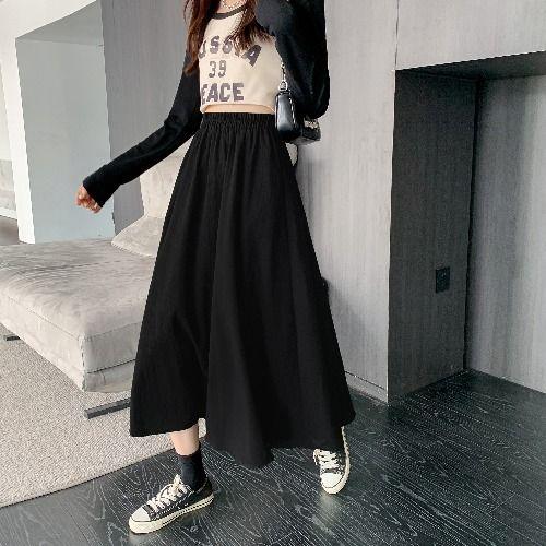 Women's Black Elastic High-Waist Slimming A-Line Umbrella Midi Skirt - Classic Flared Silhouette for All Occasions