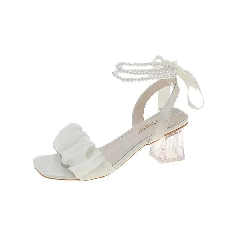 Fashion Women's Comfort Shoes Block Shaped High Heel Pearl Sandals Mediterranean Set Women's Beige Full Set Thick 2024
