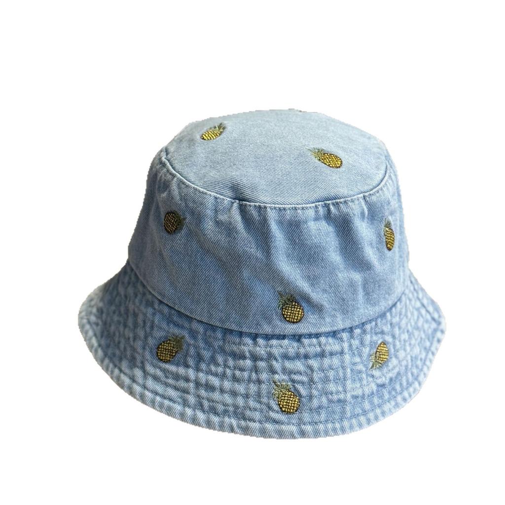 Spring and summer new pineapple embroidered denim fisherman hat for women, washed vintage outdoor versatile sun protection bucket hat