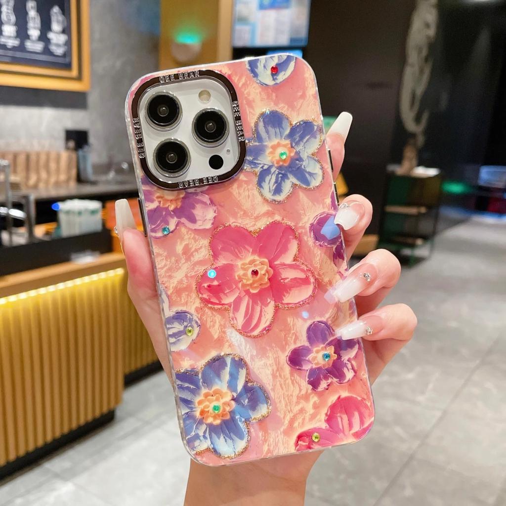 Metal Frame Suitable for Apple 15 Mobile Phone Case 16 IPhone 14 Blue Light Glue Rainbow Oil Painting Flower Bracelet Style