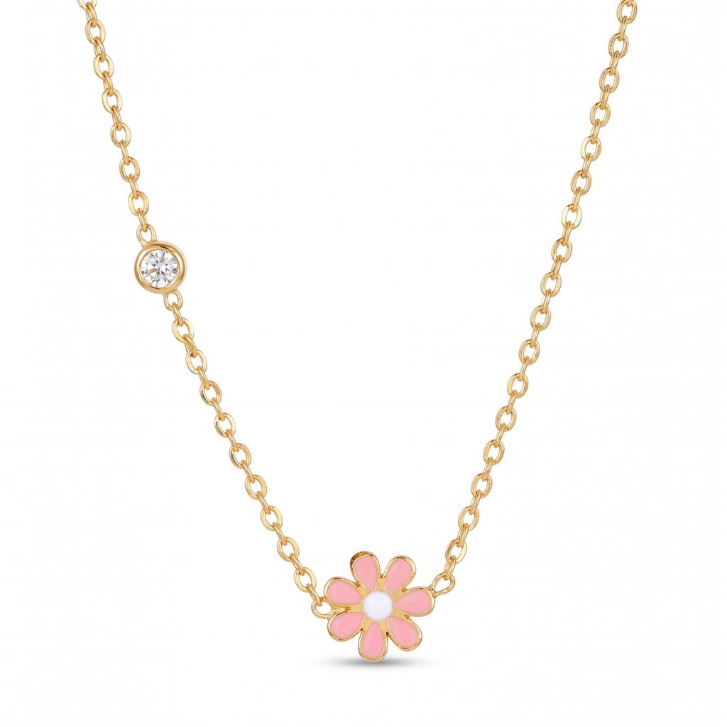 Enamel Daisy Flower Necklace,Stainless Steel Thin Link Bezel CZ Chain,Waterproof Tarnish Free Gift for Women