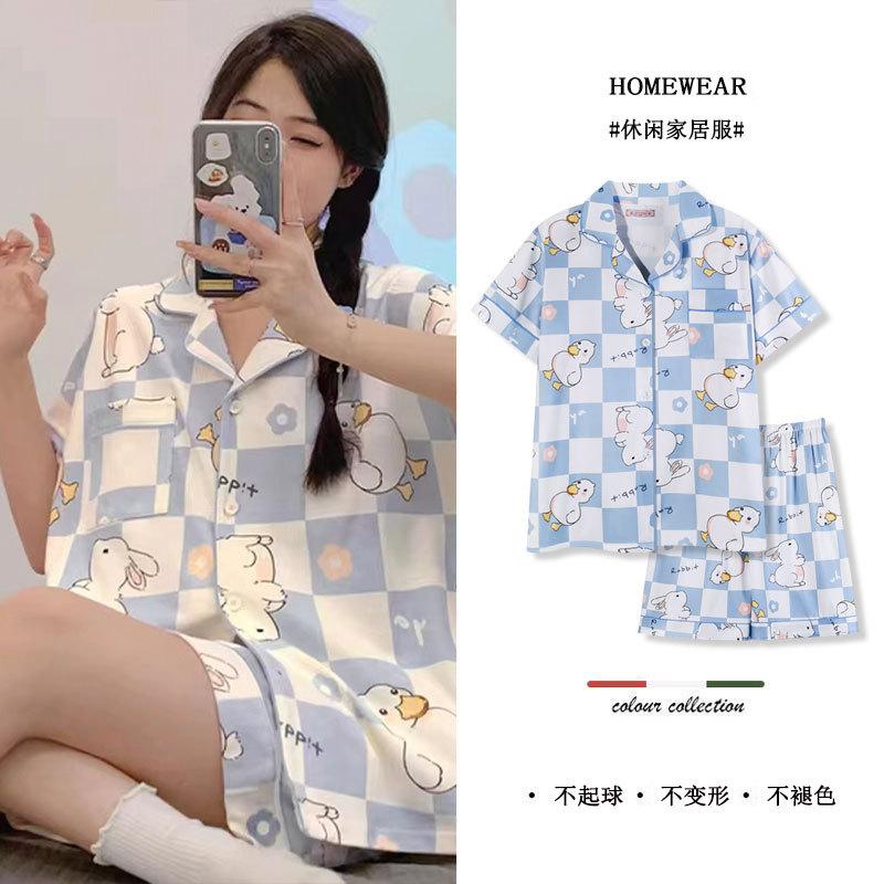 Pajamas Women's Summer Short-sleeved Shorts Cardigan Sweet and Cute Casual Girl Cotton Korean Version Women's Loungewear Suit