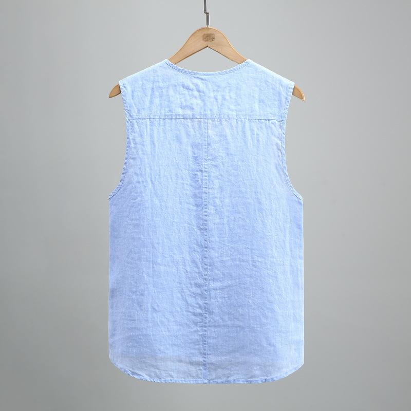 Men's Summer Solid-Color Linen Vest Youth Retro Washed Breathable Lightweight Button-Front Sleeveless T-Shirt