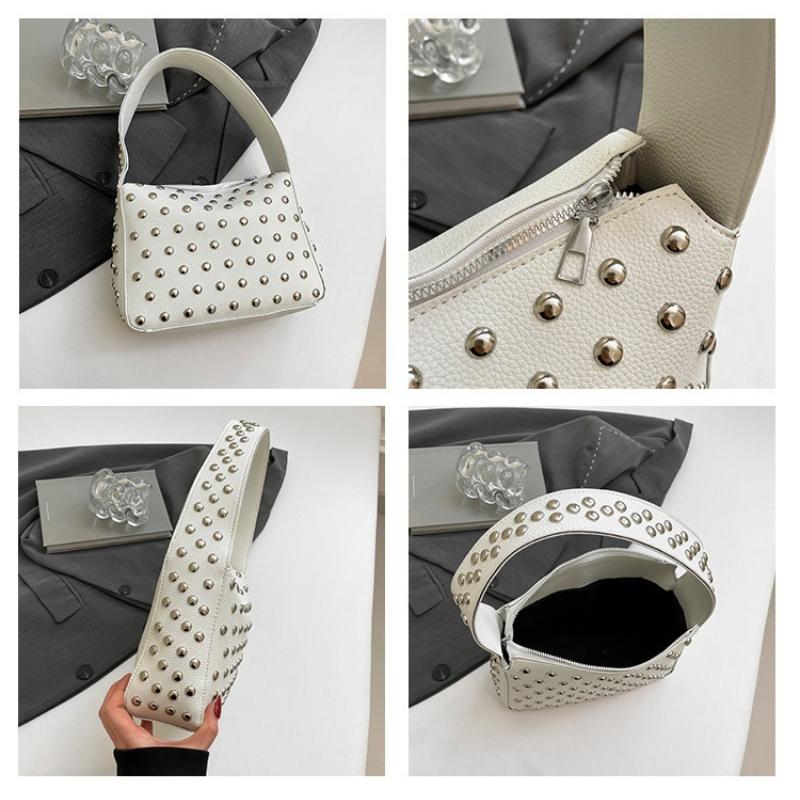Vintage PU Leather Shoulder Underarm Bag For Women Shiny Rivet Daily Use Handbag Simple Casual Shopping Tote Small square bags