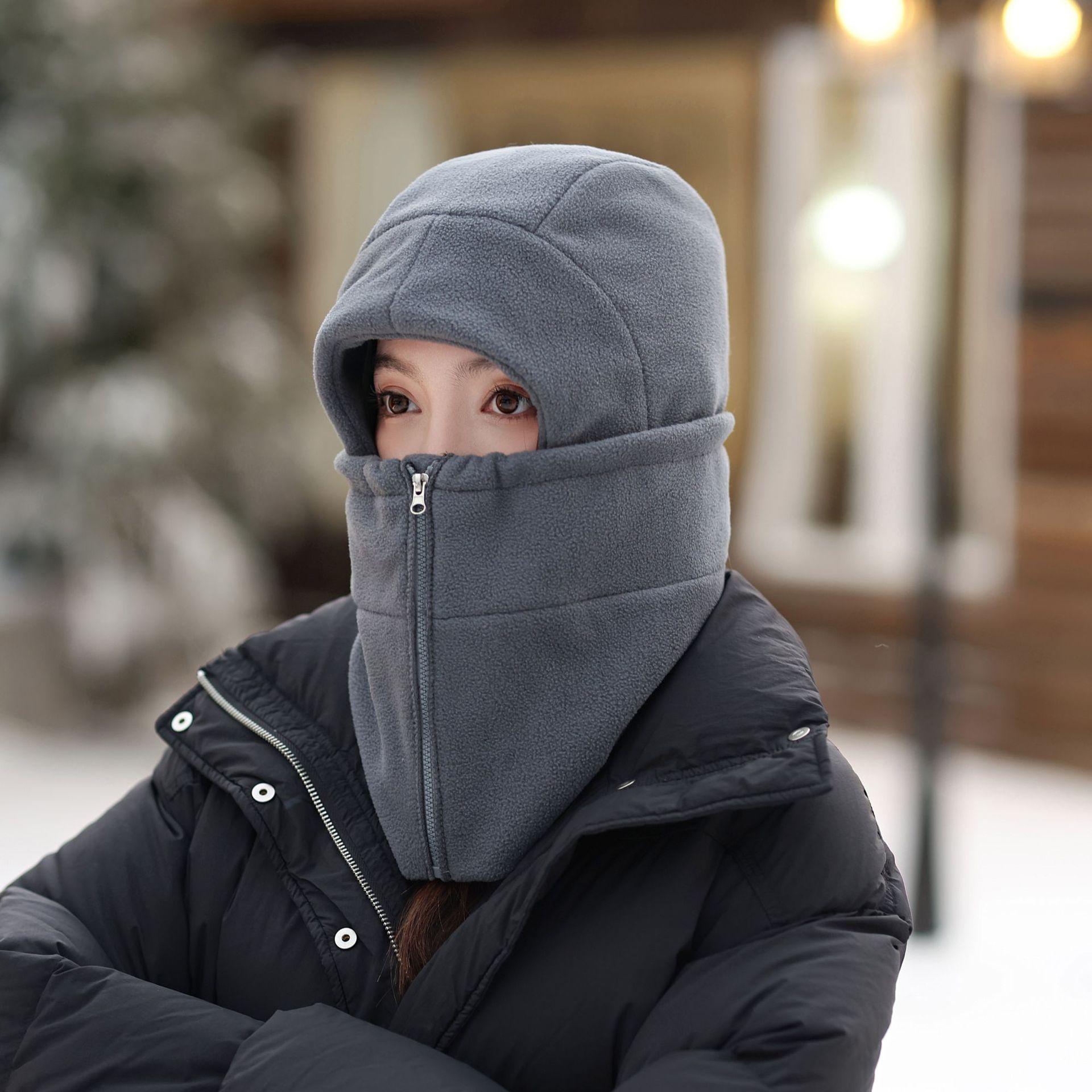 

Solid color hat, scarf, integrated winter warmth, electric vehicle riding, cold and windproof mask, velvet ear protector, pullover hat. Average size 56-58cm темно-сірий
