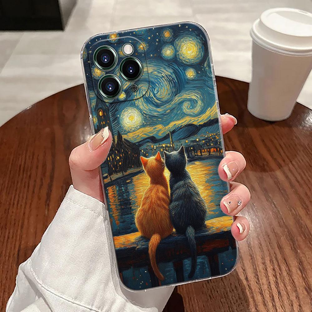 Cat Van Gogh Starry Night Oil Painting Case For Apple iPhone 17 16 15 14 13 12 11 Pro Max Plus 16E 17Air 17Pro Phone Cover Funda