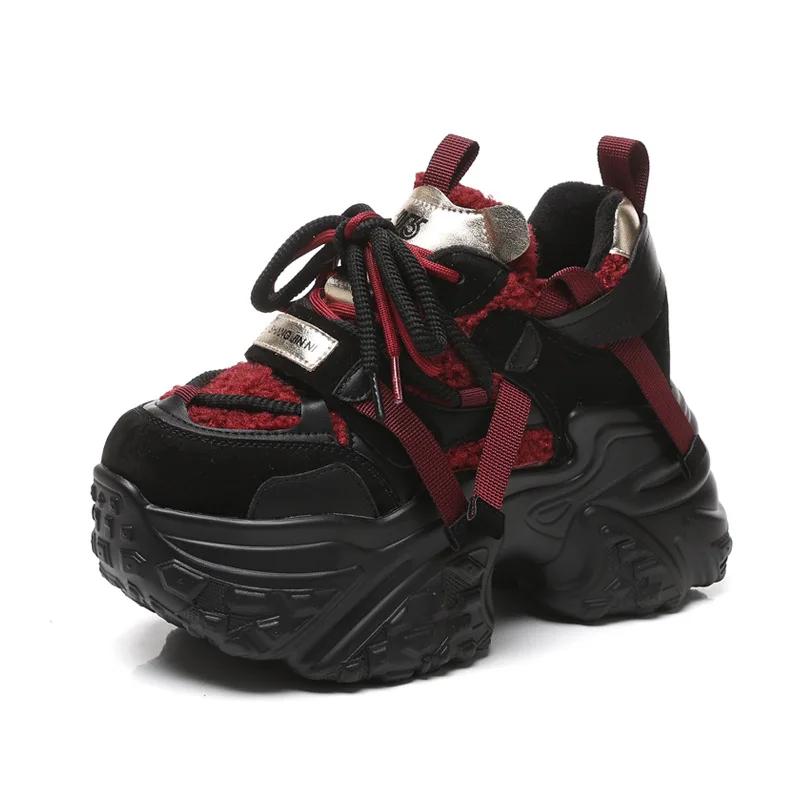 Fashion 9.5CM Women Microfiber Leather Spring Chunky Sneakers Winter Plush Fashion Ankle Booties Autumn Platform Wedge Flats Shoes