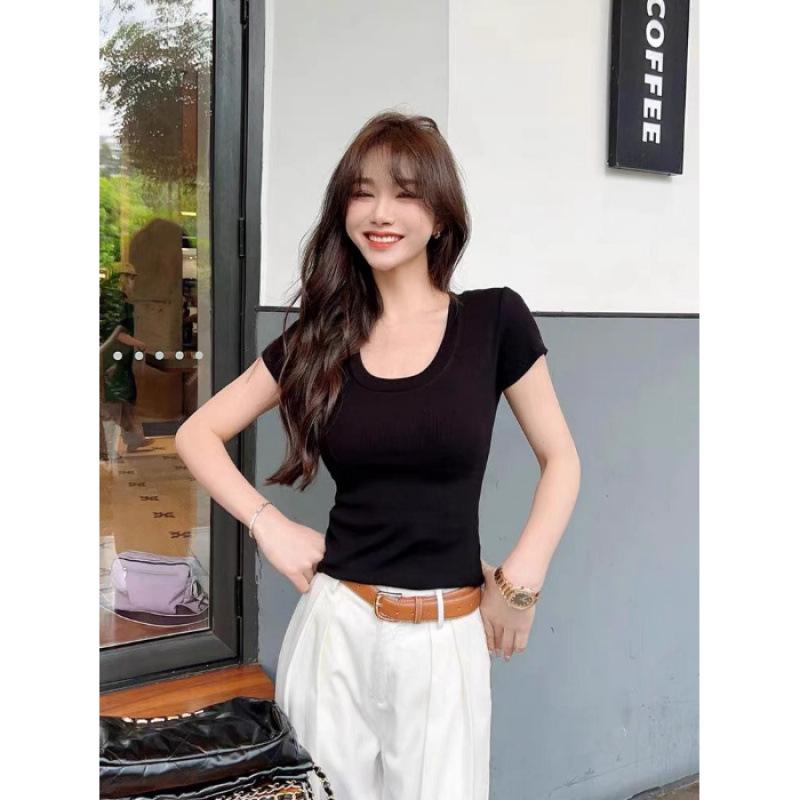 Women's Fashion Water Drop Crew Neck U-Neck Short Sleeve T-Shirt Women's Versatile Slim Skinny Top