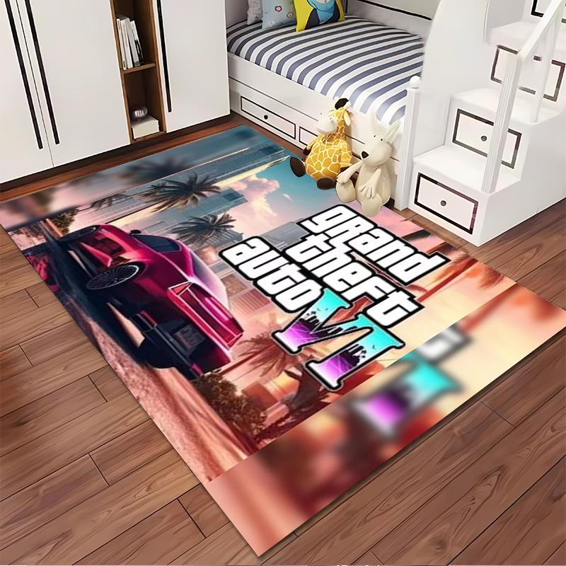 GTA VI Cityscape with Red Sports Car Non-slip Rug Suitable for Living Room and Bedroom Sofas.