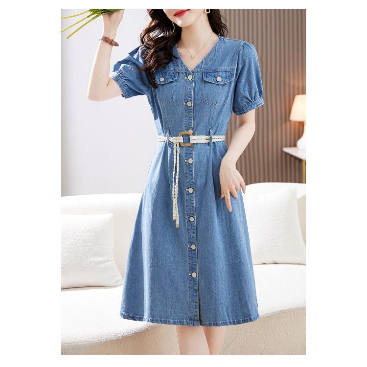 Summer Slim Denim Short Sleeve Dress Casual Waist Cinching Womens Outfit Lightweight Versatile Fashion
