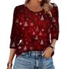 Women's Fashion Casual 3/4 Christmas Print Color Shirt Women's Round Neck Tops