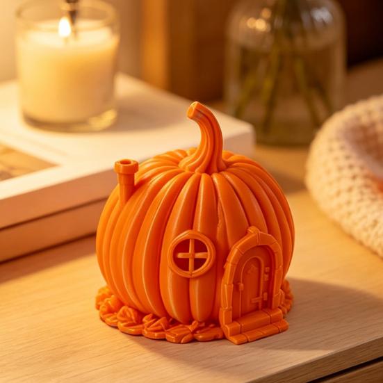 Retro Style Pumpkin Home Accents 3D Printed House Ornament for Halloween, Miniature Fairy Tale Cabin Creative Halloween Party Table Centerpiece