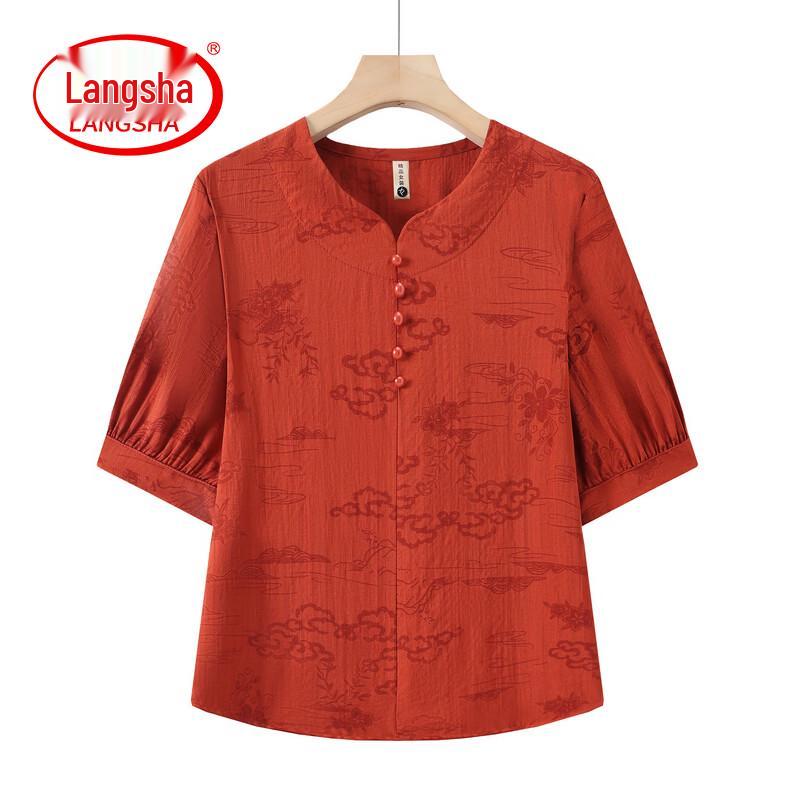 LangSha Women's Tencel Cotton Jacquard V-Neck Short Sleeve Top