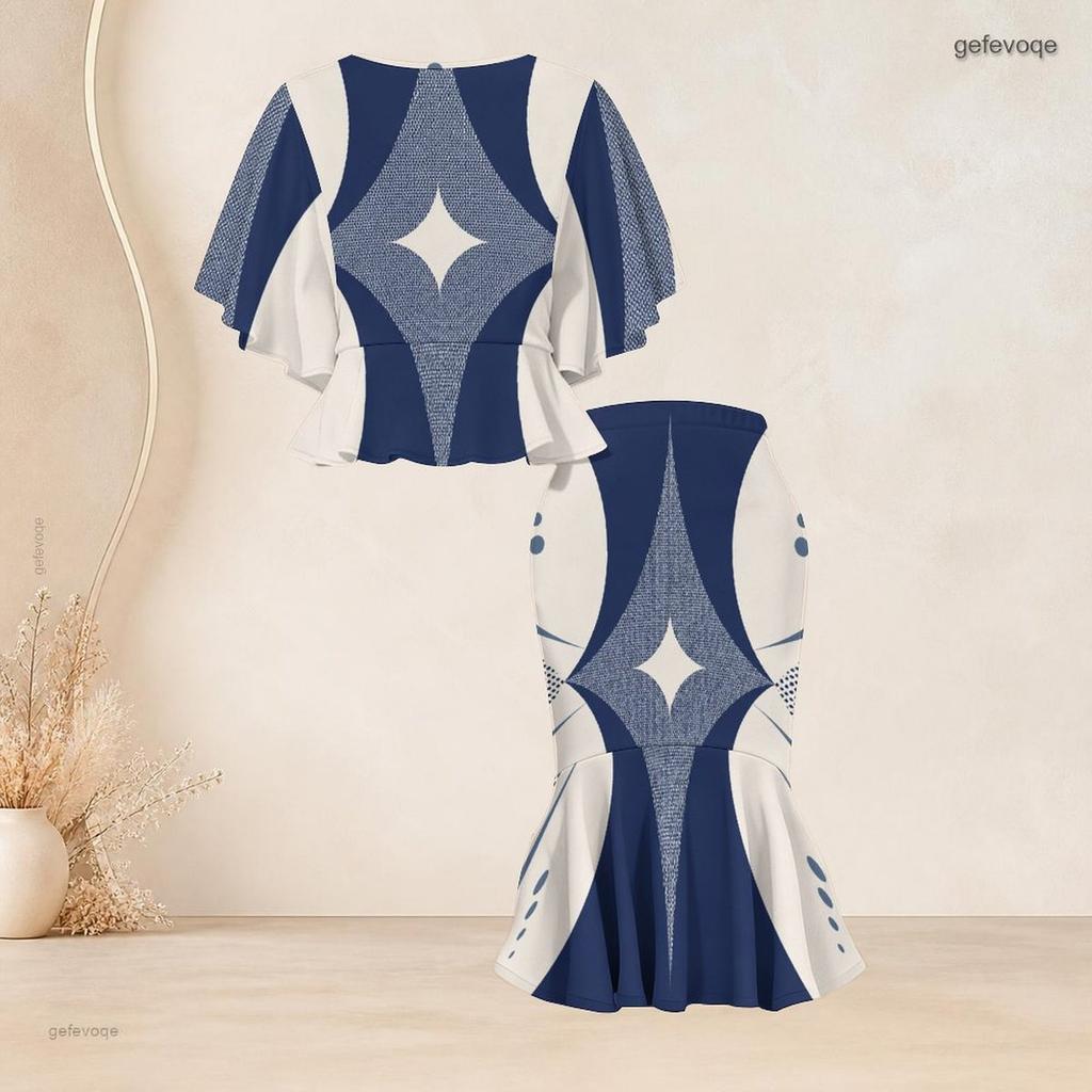 Women Plus Size Blue White Printed Two Piece Set Round Neck Batwing Short Sleeve Ruffle Hem Top Fishtail Skirt