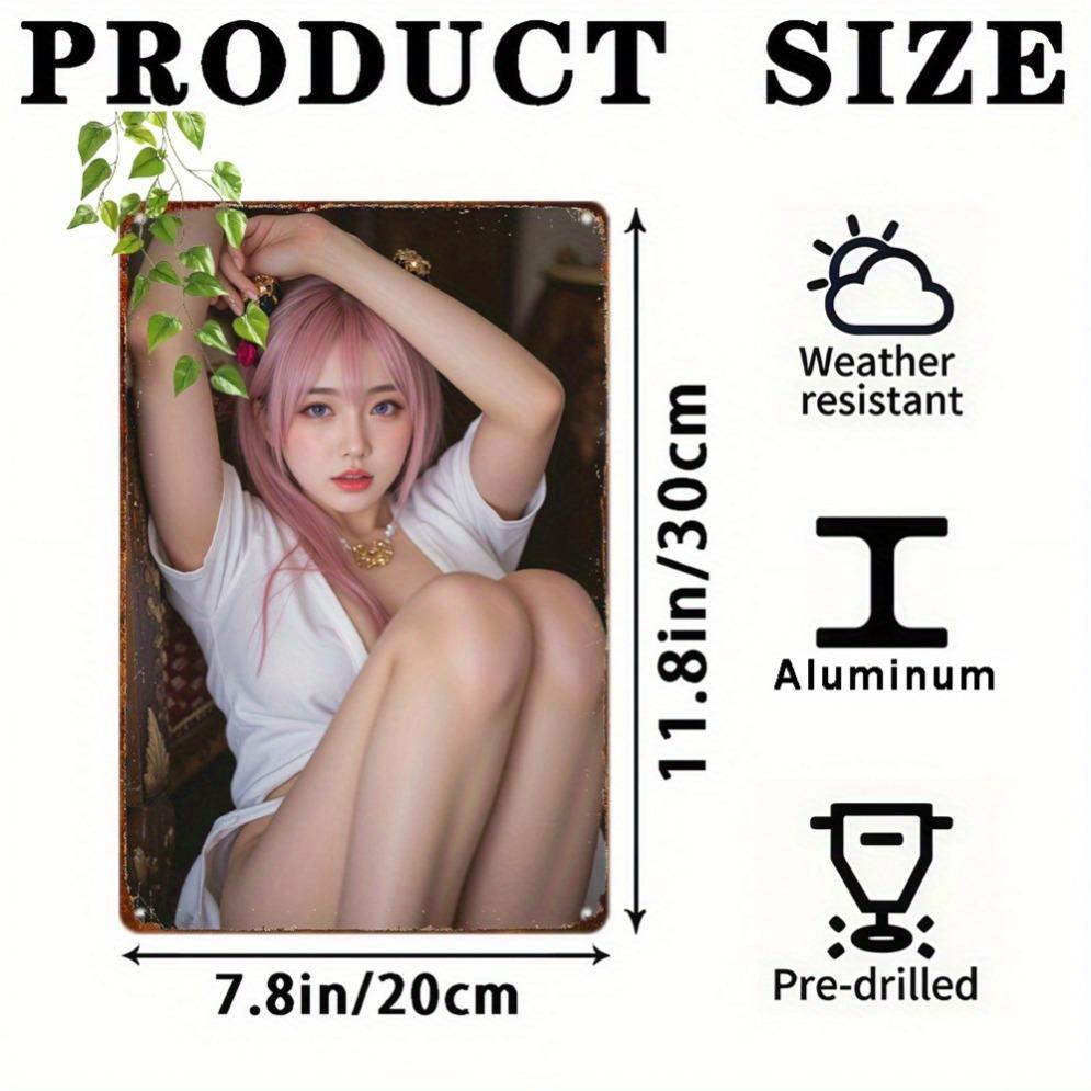 Vintage Anime Girl Metal Sign, Pink Hair Manga Art Wall Decor for Home Garage Man Cave