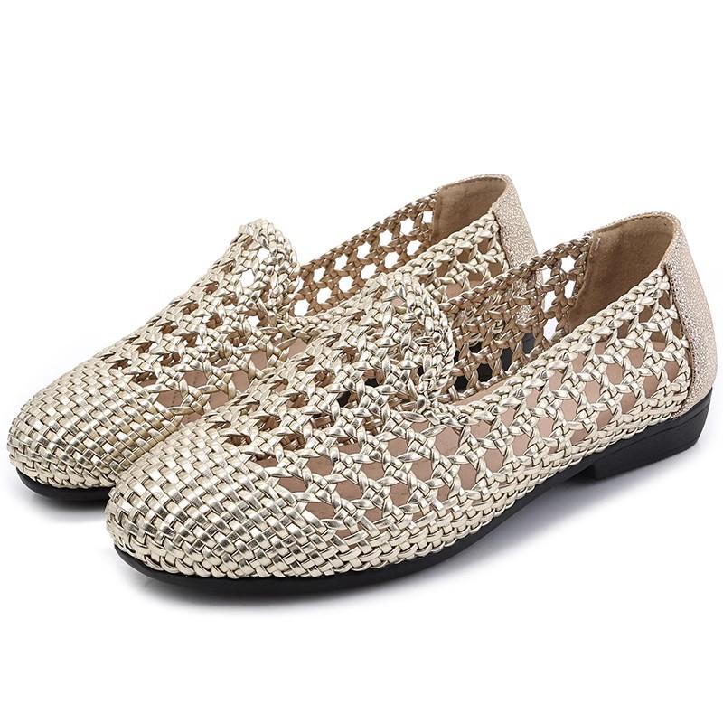 Fashion GKTINOO 2025 Summer New Genuine Leather Sandals For Women Hand-woven Hollow Flat Soft Sole Large Size Women's Shoes