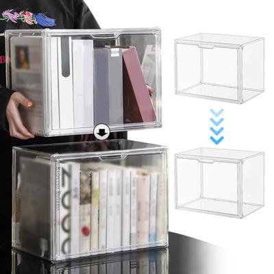 Clear Stackable Plastic Storage Bins W/ Magnetic Door Dustproof Book & Cosmetic Display Cases for Students Desk and Home Office