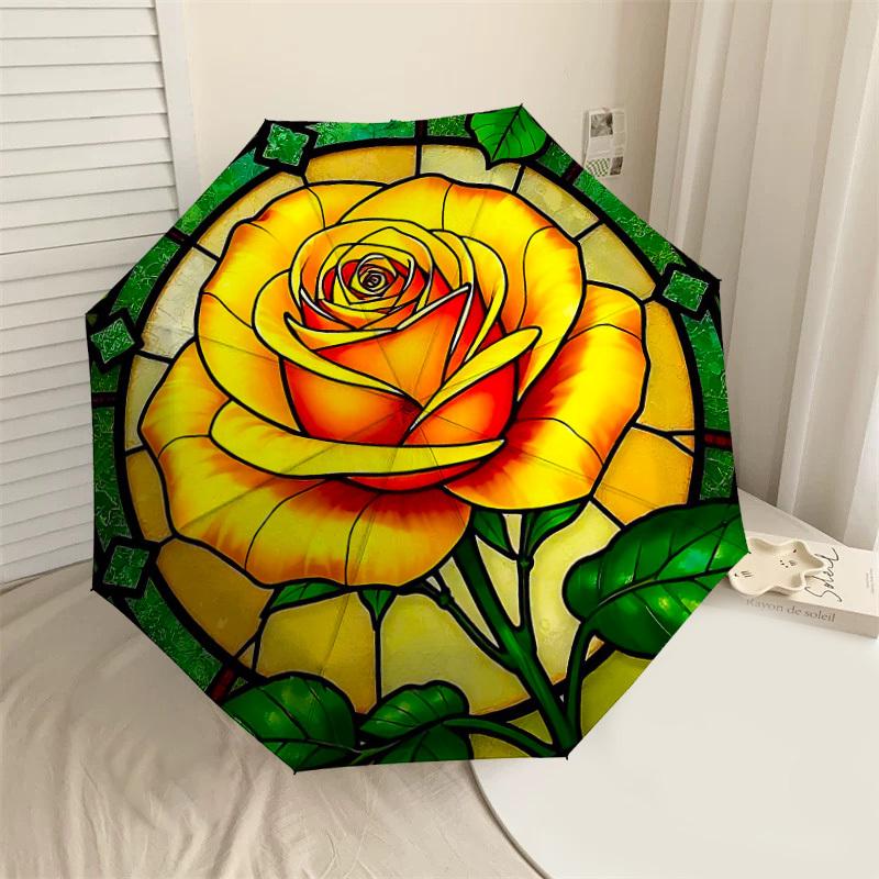 

1PC Rose Stained Glass Umbrella-8-Rib Reinforced Portable Folding Travel Suitable for All Seasons Outdoor Daily Use Is an Ideal Choice -F382