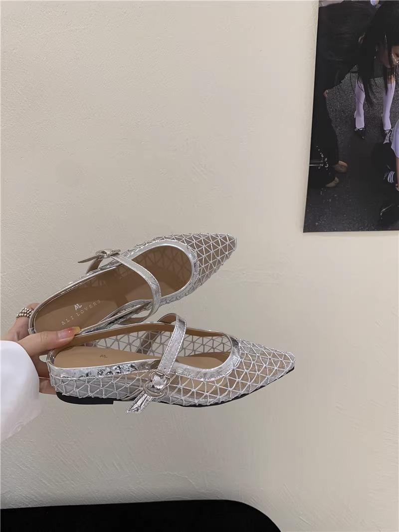 

Модные летние женские тапочки 2025 Новая мода Дышащие сетчатые балетки Роскошные тапочки на танкетке с острым носком на высоком каблуке Женская обувь 35 серебряный