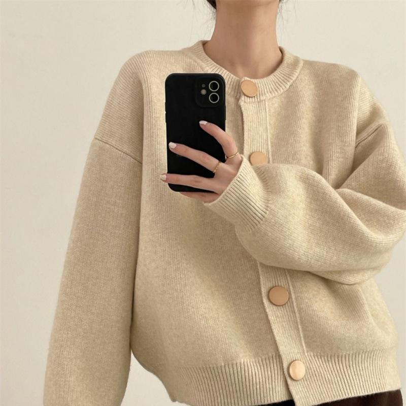 

Осень и зима простой стиль свободный круглый вырез пуговицы однотонный вязаный кардиган мода ленивый стиль свитер с длинным рукавом куртка average size 49-63-1