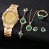 Vintage socialite style emerald gemstone watch six-piece gold watch necklace bracelet ring earrings set, suitable for dating, bi