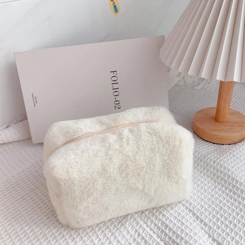 

Fur Makeup Bags for Women Soft Travel Cosmetic Bag Organizer Case Young Lady Girls Make Up Case Necessaries 1 Pc Solid Handbags белый