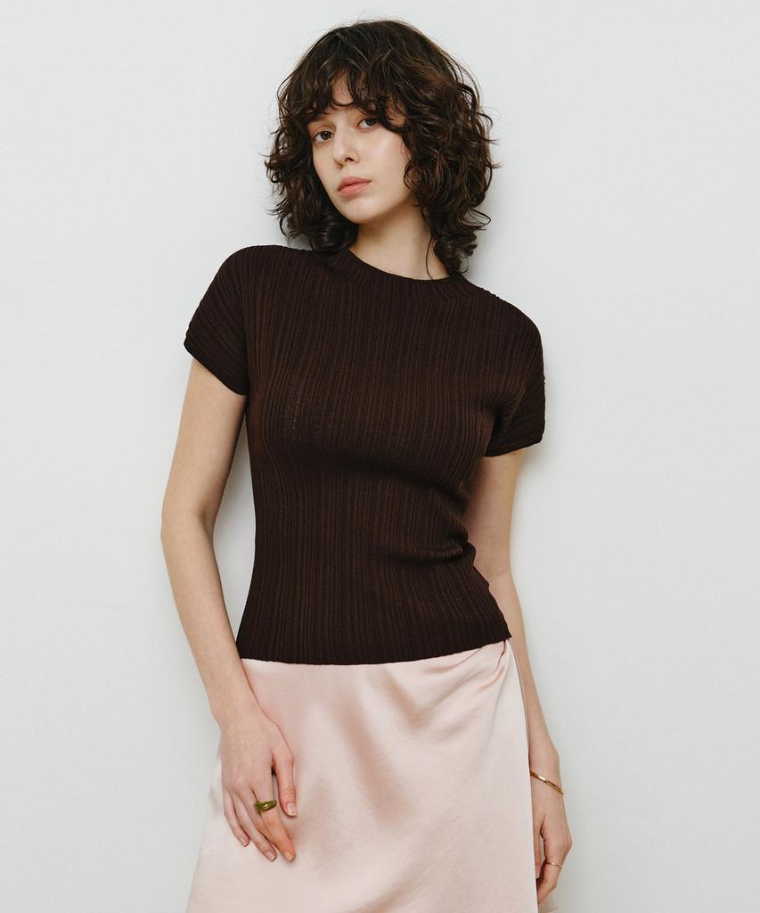 MONGDOL Wholegarment Half-Neck Pleated Knit Top Brown Mdkt107Brown