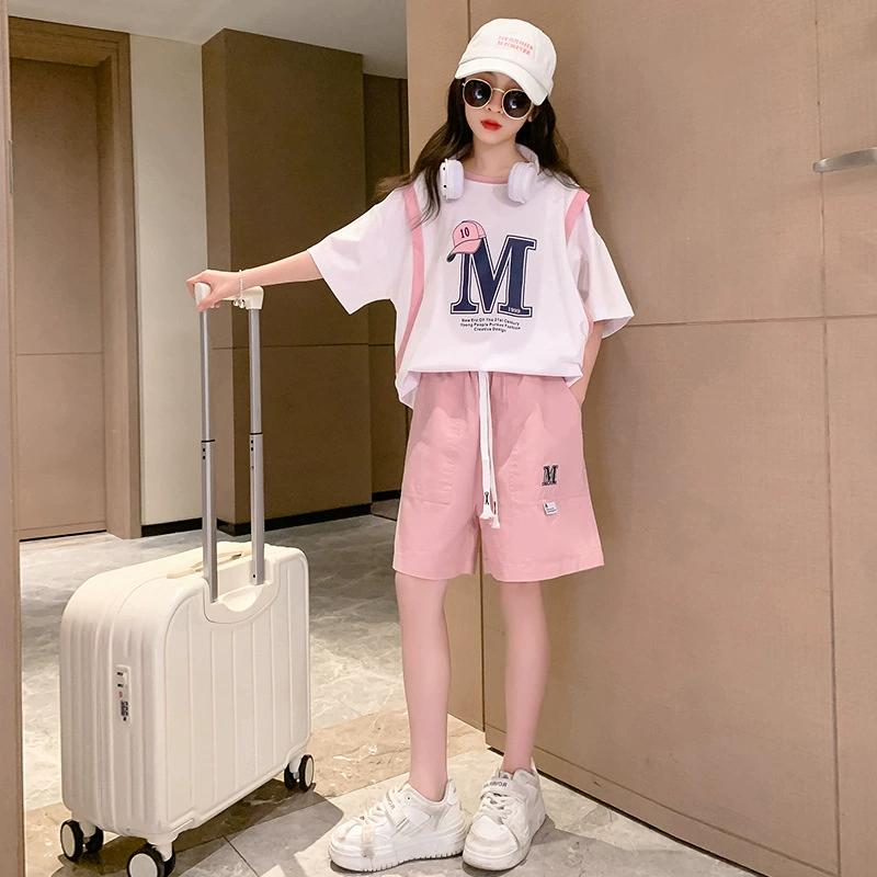 

Summer Children Girls Clothes Set Letter Short Sleeve T-Shirts and Shorts 2 Pieces Suit Teenage Fashion Top Bottom Outfits 170 рожевий
