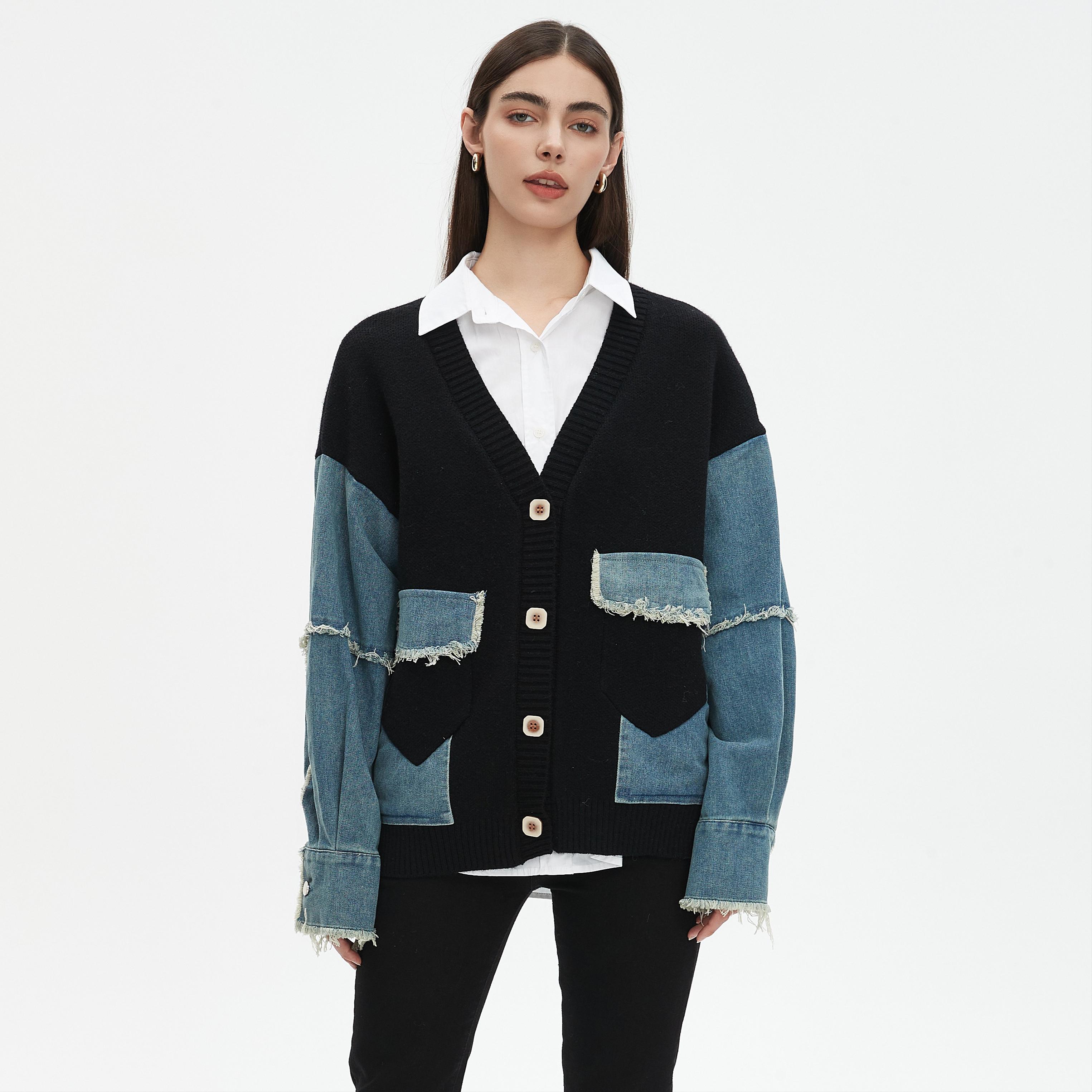 

DIMANAF 2025 Новая женская куртка-свитер с карманами и пуговицами, осеннее пальто, лоскутное джинсовое пальто, вязаный свитер с карманами One Size чёрный