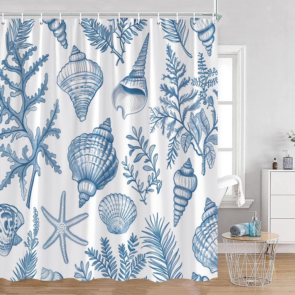 Ocean Animals Nautical Cartoon Shower Curtains Tropical Fishes Sharks Shell Sea Turtle Bathroom Decorations Kids Bath Curtain Wi