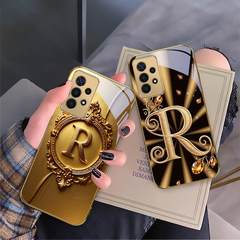 Gorgeous letter gold "R" For Samsung A 01 52S A04 A05S A10 A12 13 22 23 24 36 42 M02 Note 10 20Ultra 8 9 Golden glass phone case